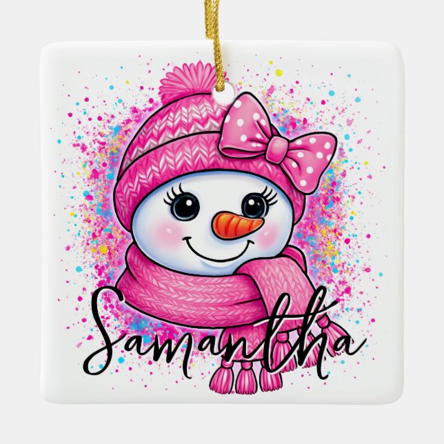 Ornamento De Cerâmica Cute Pink Snowgirl Photo (Frente)
