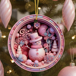 Ornamento De Cerâmica Cute Pink Snowman Christmas