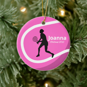 Ornamento De Cerâmica Cute Pink Tennis Ball & Girl Player Coach Sporty