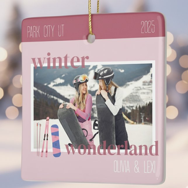Ornamento De Cerâmica Cute Pink Winter Ski Theme Keepsake Photo  (Create a keepsake of your winter ski trip with this Cute Pink Winter Ski Keepsake Photo Ornament!)