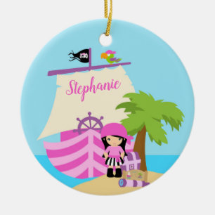 Ornamento De Cerâmica Cute Pirata Brunette Girl e um nome personalizado