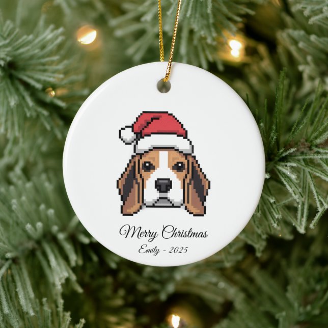 Ornamento De Cerâmica Cute Pixel Art Beagle Dog Santa Hat Christmas Gift (Árvore)