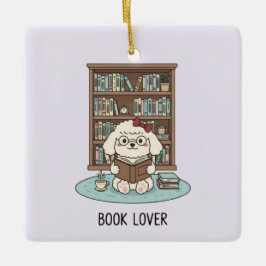 Ornamento De Cerâmica Cute Poodle Puppy Dog Book Lover Pastel Christmas