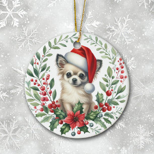 Ornamento De Cerâmica Cute Santa Hat Chihuahua Watercolor Wreath