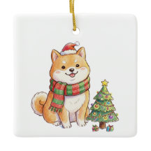 Cute Shiba Inu de Natal com Chapéu e Cachecol de S