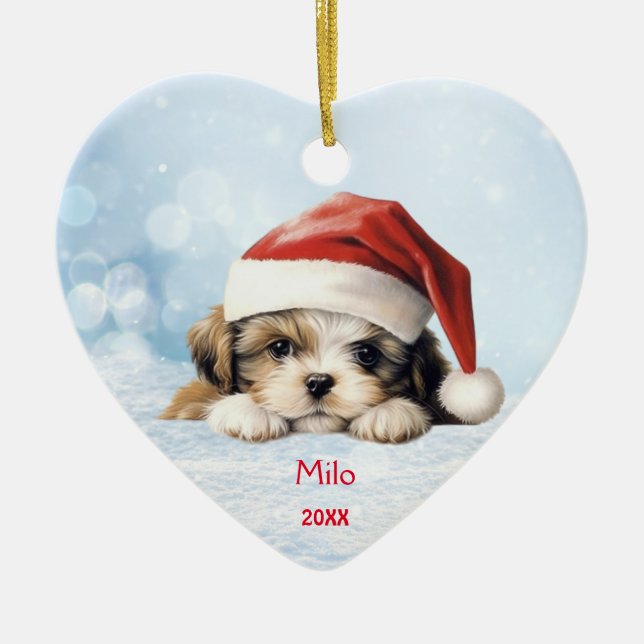 Ornamento De Cerâmica Cute Shih Tzu Puppy Dog Santa Hat Arte (Frente)