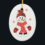 Ornamento De Cerâmica Cute Snowman<br><div class="desc">Um bonitinho bonitinho vestindo um lenço de chapéu vermelho e mitenes,  um grande sorriso e pequenas bochechas cardíacas.</div>