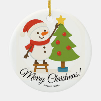Ornamento De Cerâmica Cute Snowman Decorating Tree Personalized Name