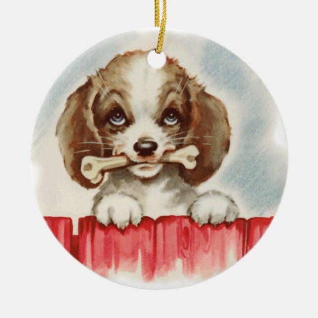 Ornamento De Cerâmica Cute Spaniel Puppy com Osso (Frente)