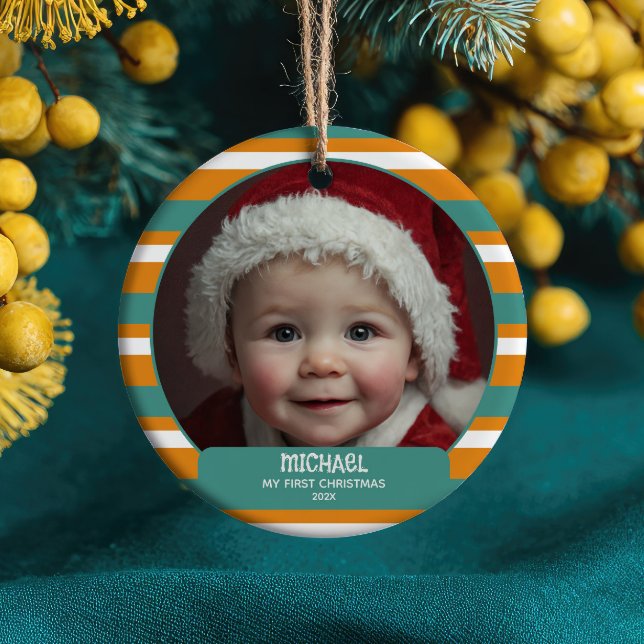 Ornamento De Cerâmica Cute Xmas Gnome First Christmas Baby Name& Photo  (Criador carregado)