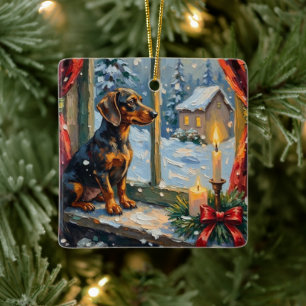 Ornamento De Cerâmica Dachshund Antigo junto à Janela de Natal Aconchega