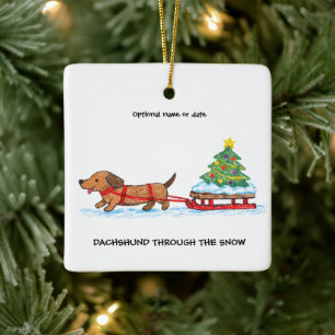 Ornamento De Cerâmica Dachshund Através da Neve Natal