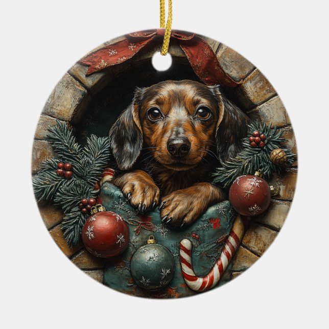 Ornamento De Cerâmica Dachshund Christmas (Frente)