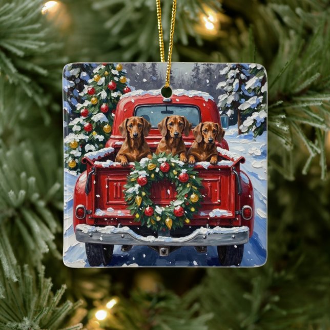 Ornamento De Cerâmica Dachshund Christmas Red Truck Holiday (Árvore)