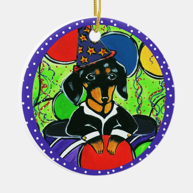 Ornamento De Cerâmica Dachshund de Aniversário Fofo (Frente)