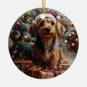 Ornamento De Cerâmica Dachshund de Cabelo Fino e Sedoso no Natal