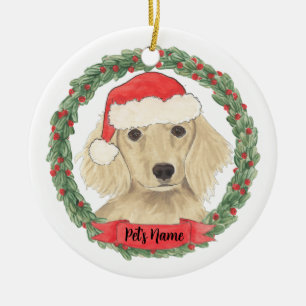 Ornamento De Cerâmica Dachshund de Cabelo Longo e Creme Personalizado no