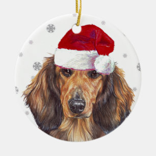 Ornamento De Cerâmica Dachshund de Cabelo Longo - Santa Hat Bauble