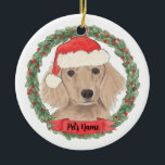 Ornamento De Cerâmica Dachshund de Cabelo Longo Vermelho Personalizado<br><div class="desc">Façam a lista legal este ano com um ornamento personalizado do seu doce e longo e vermelho dachshund!</div>