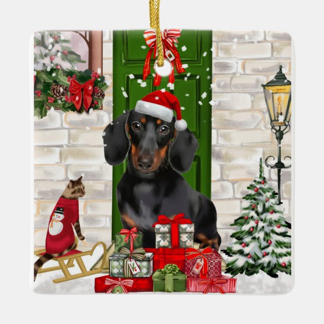 Ornamento De Cerâmica Dachshund Dog Christmas (Frente)