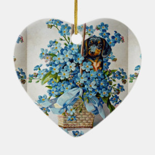 Ornamento De Cerâmica Dachshund e Forget-Me-Nots