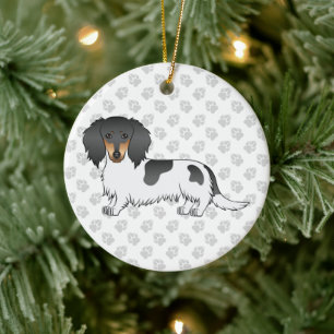 Ornamento De Cerâmica Dachshund E Texto De Cabelo Longo Preto E Tano