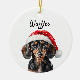 Ornamento De Cerâmica Dachshund Fofo com Chapéu de Papai Noel