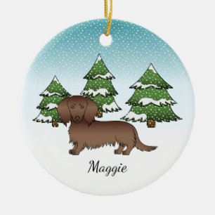 Ornamento De Cerâmica Dachshund - Frota de Cabelo Longo de Chocolate - F