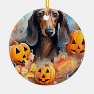 Ornamento De Cerâmica Dachshund Halloween Com Pumpkins Assustado