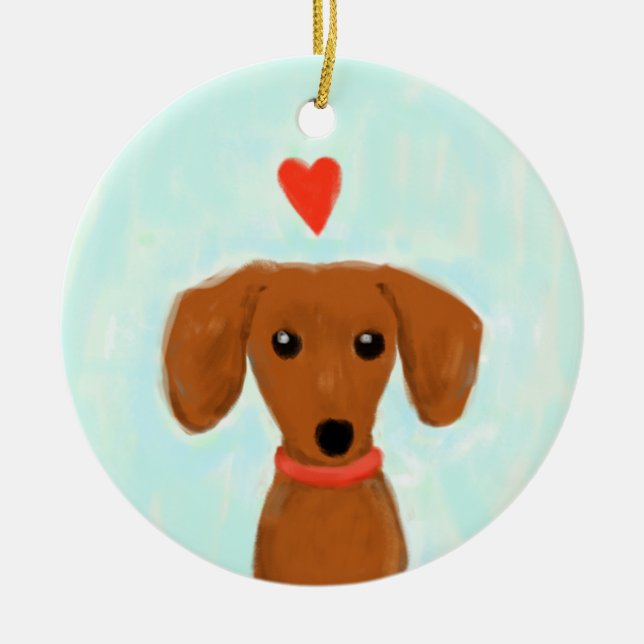 Ornamento De Cerâmica Dachshund Love | Cachorro-escancarado com coração (Frente)