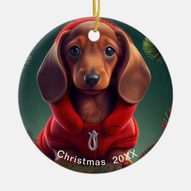 Ornamento De Cerâmica Dachshund Natal Date ou Add Pet Photo (Frente)