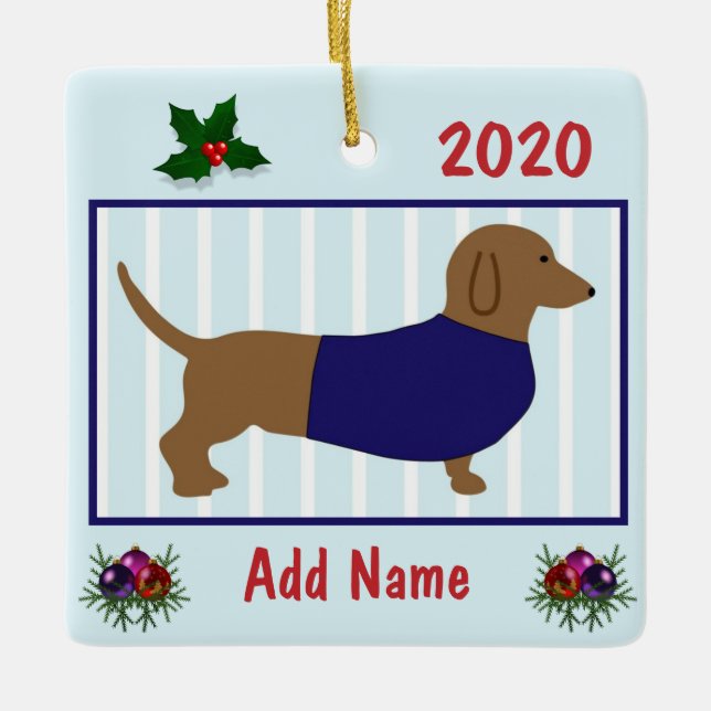 Ornamento De Cerâmica Dachshund Personalizado - Cachorro Encolhido - Azu (Frente)