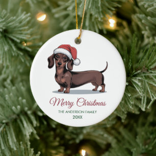 Ornamento De Cerâmica Dachshund Personalizado com Chapéu de Papai Noel N