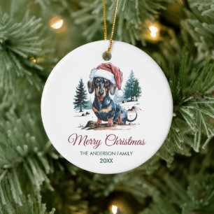 Ornamento De Cerâmica Dachshund Personalizado com Chapéu de Papai Noel N