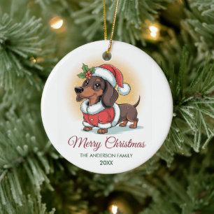 Ornamento De Cerâmica Dachshund Personalizado com Chapéu de Papai Noel N