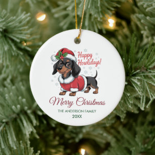 Ornamento De Cerâmica Dachshund Personalizado com Chapéu de Papai Noel N
