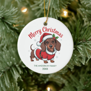 Ornamento De Cerâmica Dachshund Personalizado com Chapéu de Papai Noel N