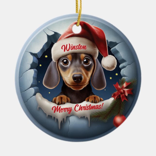 Ornamento De Cerâmica Dachshund personalizado de aparência 3D com Santa  (Frente)