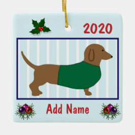 Ornamento De Cerâmica Dachshund Personalizado - Doxie Puppy Dog -Green