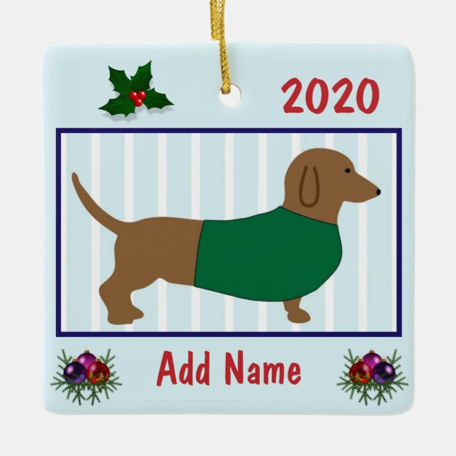 Ornamento De Cerâmica Dachshund Personalizado - Doxie Puppy Dog -Green (Frente)