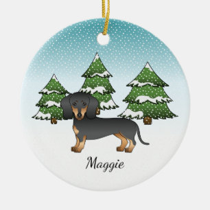 Ornamento De Cerâmica Dachshund Preto e Castanho de Pelo Curto - Florest