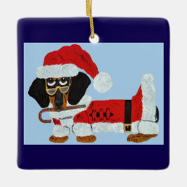 Ornamento De Cerâmica Dachshund Preto e Castanho Papai Noel com um Cane