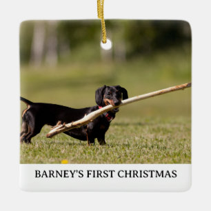 Ornamento De Cerâmica DACHSHUND Primeiro Nome de Foto de Natal Ano