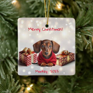 Ornamento De Cerâmica Dachshund Puppy Ornament Personalizado em Árvore