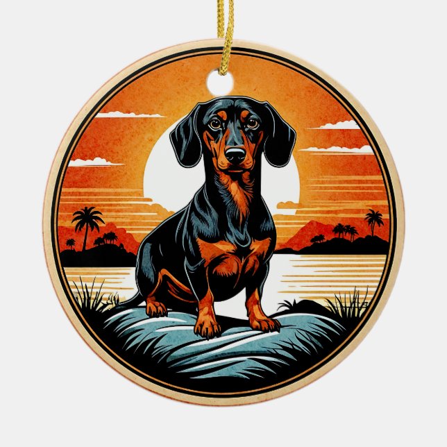 Ornamento De Cerâmica Dachshund Retro Sunset Dog Lover (Frente)