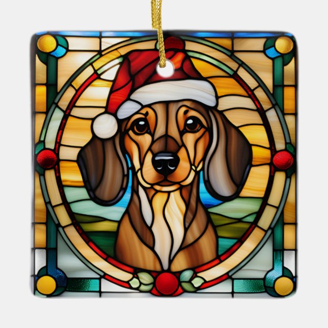 Ornamento De Cerâmica Dachshund Stained Glass Christmas Ornament (Frente)