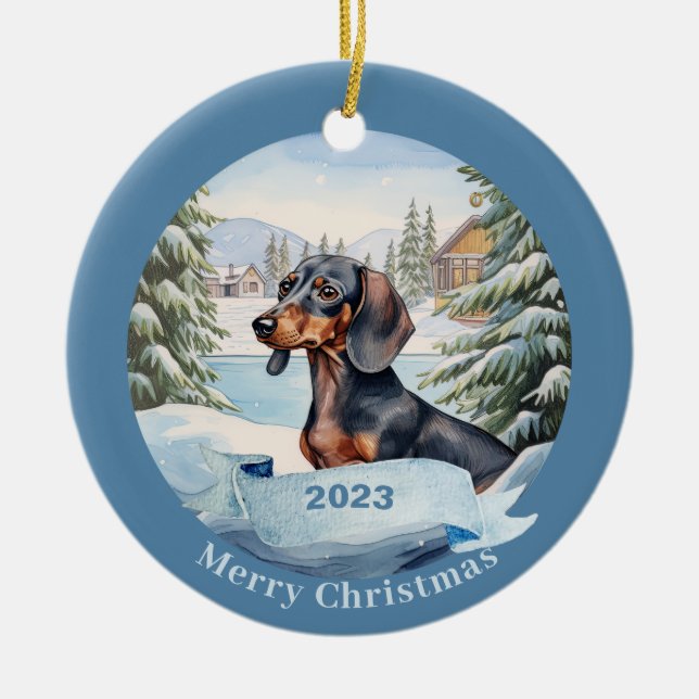 Ornamento De Cerâmica Dachshund Watercolor Dog Natal (Frente)