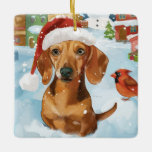 Ornamento De Cerâmica Dachshund Winter Wonderland Natal Joy<br><div class="desc">Este design festivo captura o espírito alegre da época de férias, apresentando um adorável filhote vestindo um chapéu de Papai Noel. O cachorro está aninhado numa terra maravilhosa de inverno, completo com um boneco de neve, uma árvore de Natal decorada, e presentes lindamente envoltos. Os flocos de neve caem suavemente,...</div>