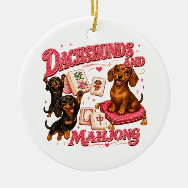 Ornamento De Cerâmica Dachshunds e Mahjong (Frente)