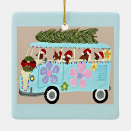Ornamento De Cerâmica Dachshunds em sua Van Hippie de Natal